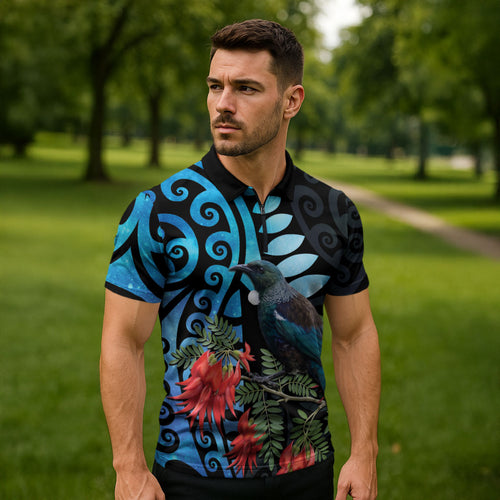 Tui Bird Kakabeak New Zealand Zipper Polo Shirt Clianthus Galaxy Maori Koru Pattern