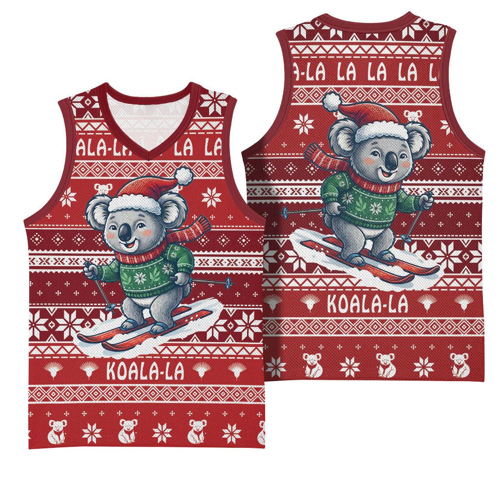 Australia Christmas In July Basketball Jersey Koala Santa Skiing Red Color