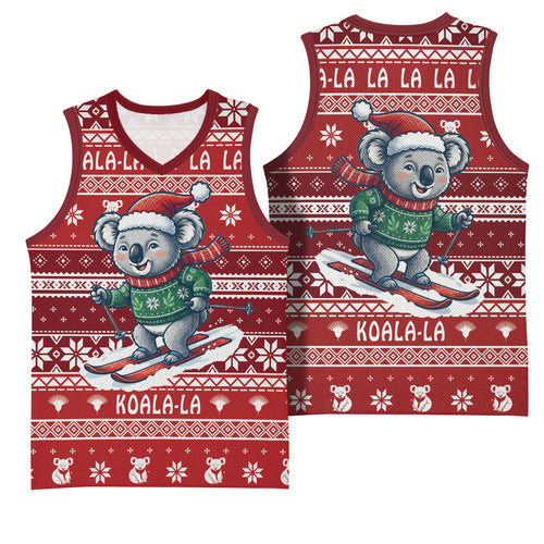 Australia Christmas In July Basketball Jersey Koala Santa Skiing Red Color