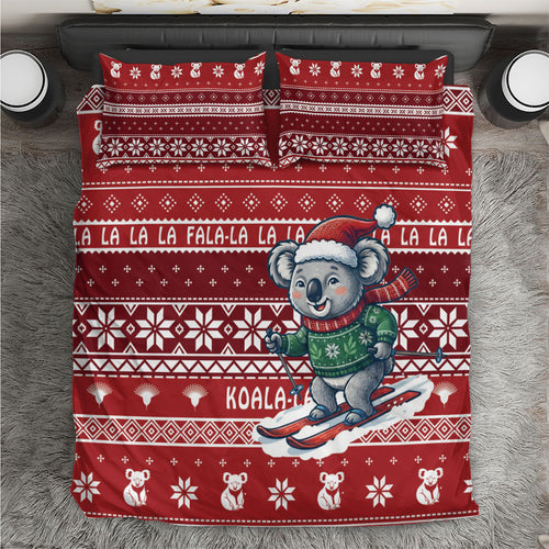Australia Christmas In July Bedding Set Koala Santa Skiing Red Color