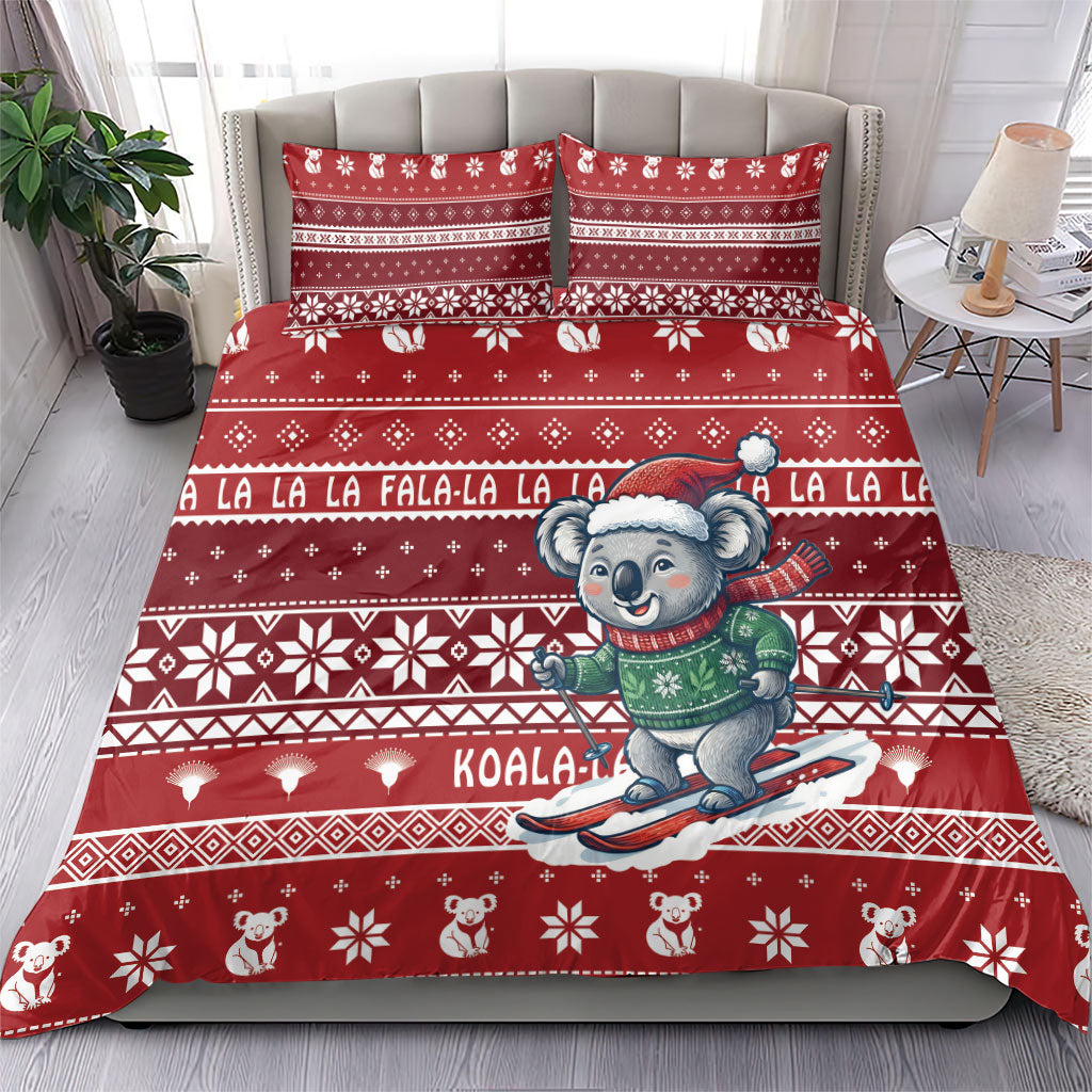 Australia Christmas In July Bedding Set Koala Santa Skiing Red Color