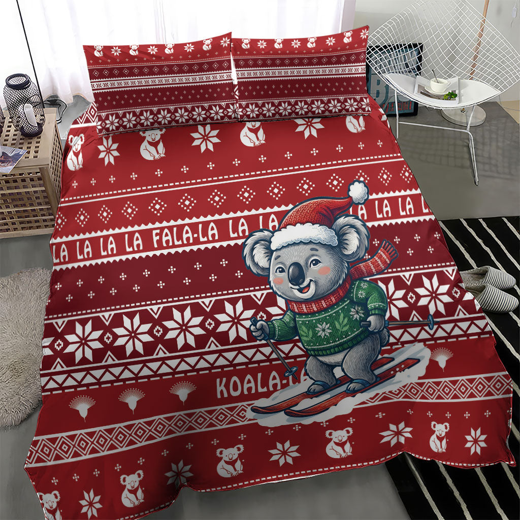 Australia Christmas In July Bedding Set Koala Santa Skiing Red Color