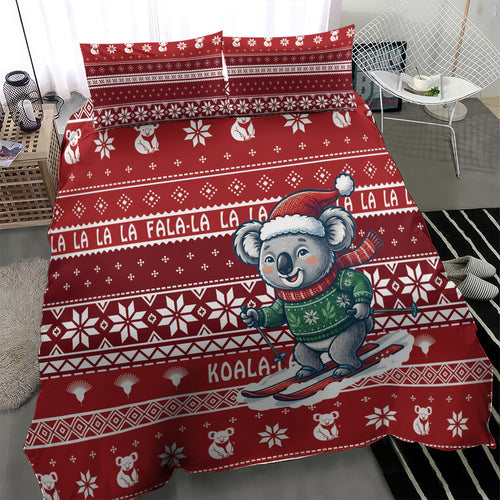 Australia Christmas In July Bedding Set Koala Santa Skiing Red Color