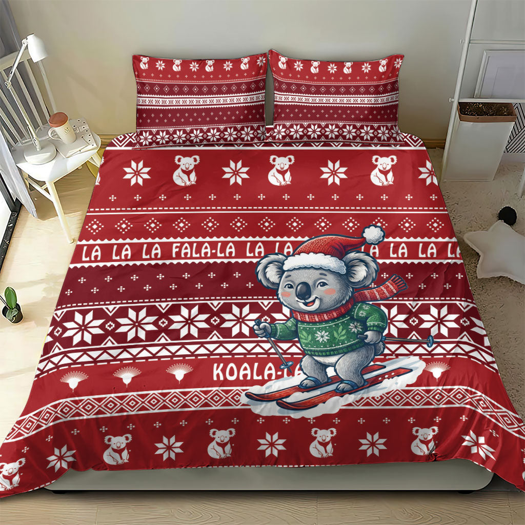 Australia Christmas In July Bedding Set Koala Santa Skiing Red Color