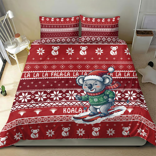 Australia Christmas In July Bedding Set Koala Santa Skiing Red Color