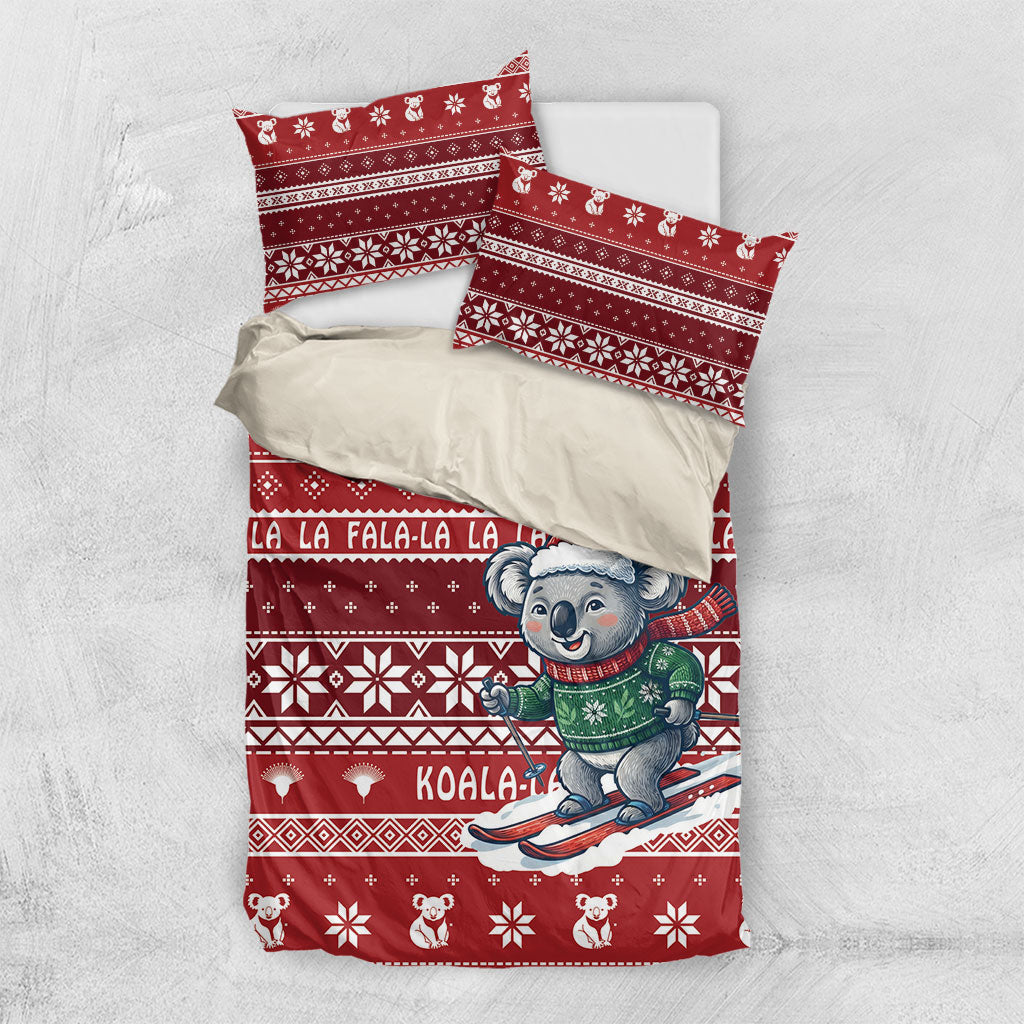 Australia Christmas In July Bedding Set Koala Santa Skiing Red Color