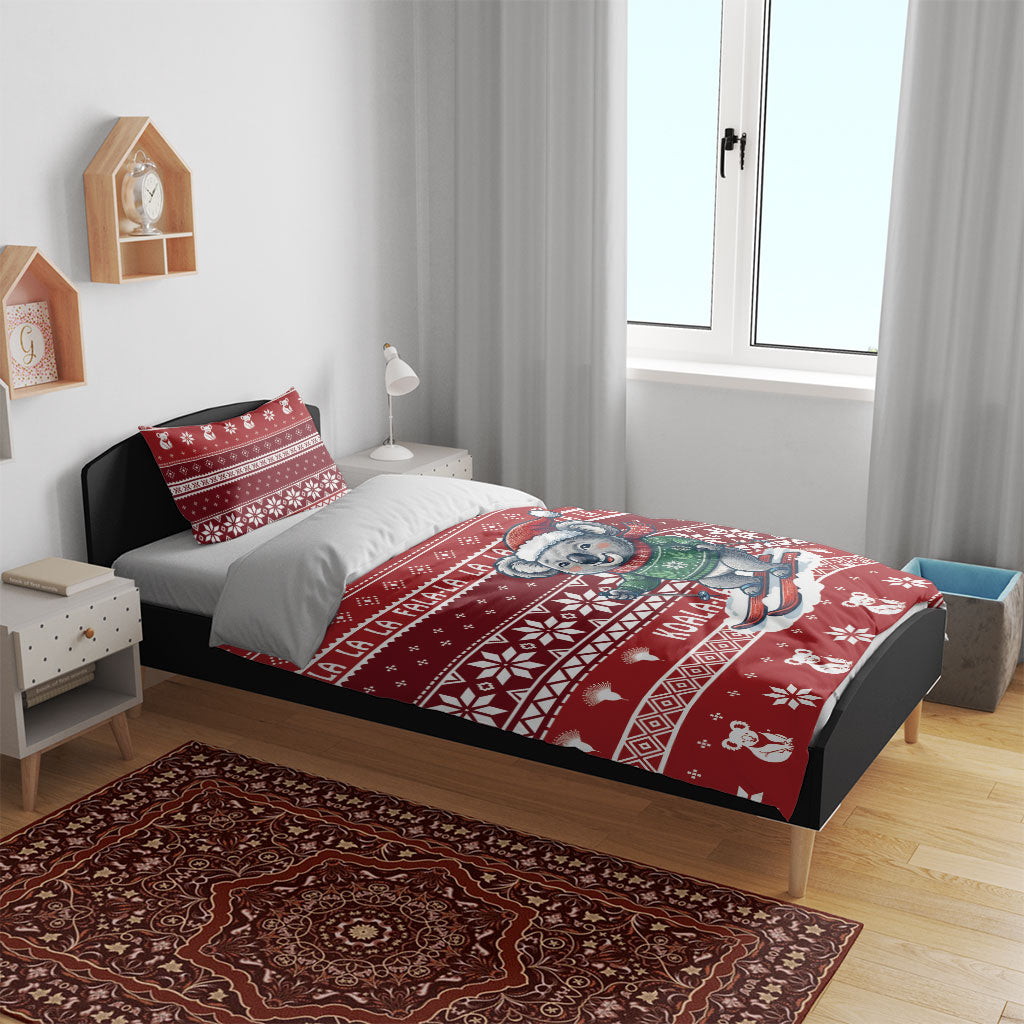 Australia Christmas In July Bedding Set Koala Santa Skiing Red Color