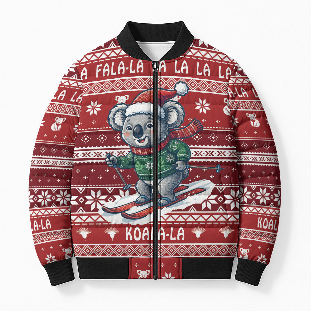 Australia Christmas In July Bomber Puffer Jacket Koala Santa Skiing Red Color