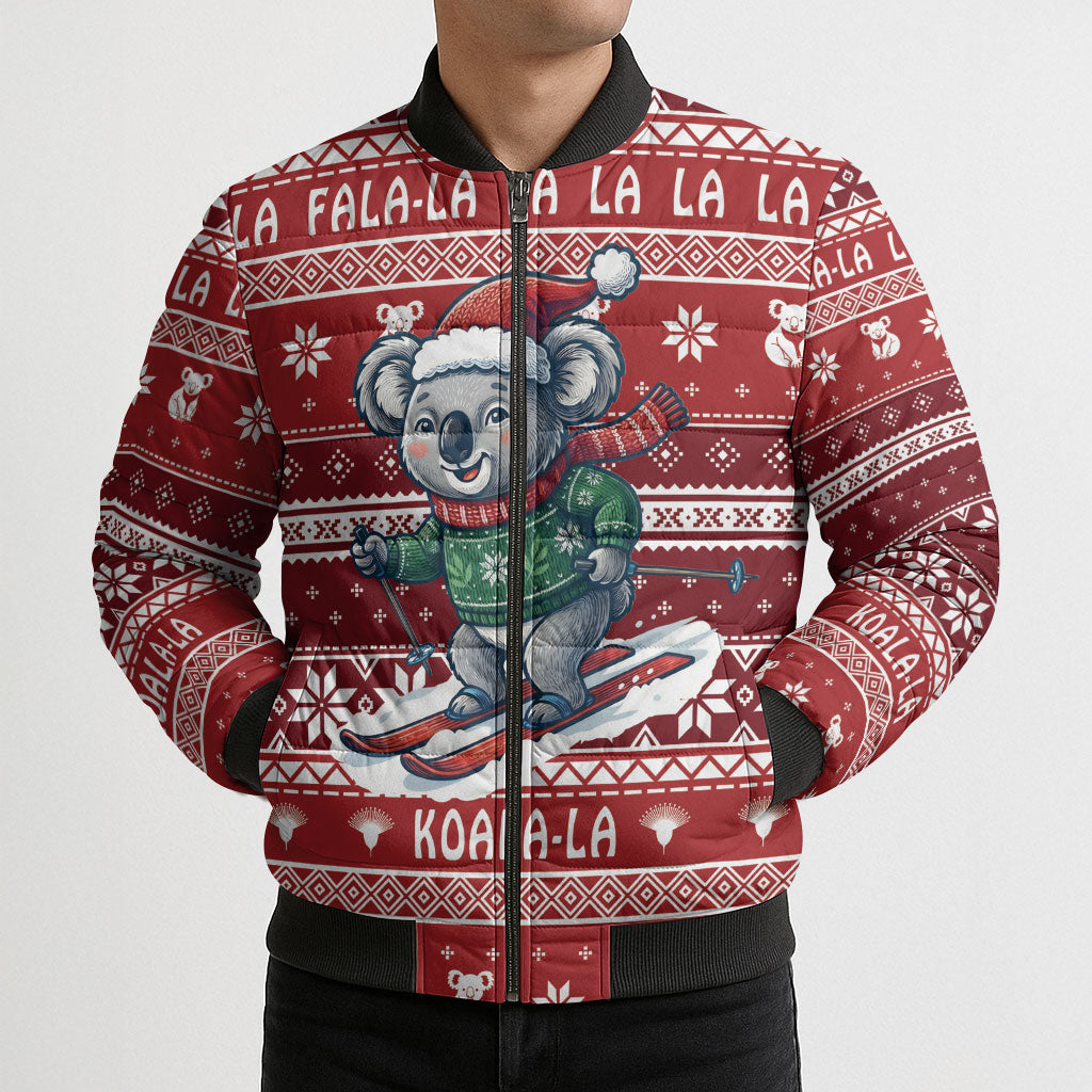 Australia Christmas In July Bomber Puffer Jacket Koala Santa Skiing Red Color