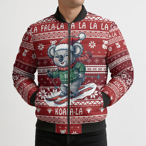 Australia Christmas In July Bomber Puffer Jacket Koala Santa Skiing Red Color