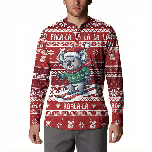 Australia Christmas In July Button Sweatshirt Koala Santa Skiing Red Color