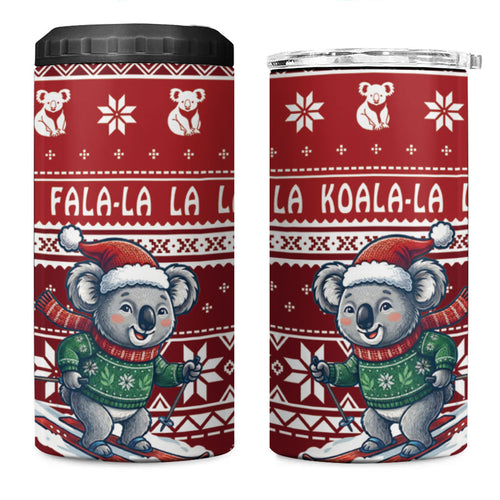 Australia Christmas In July 4 in 1 Can Cooler Tumbler Koala Santa Skiing Red Color