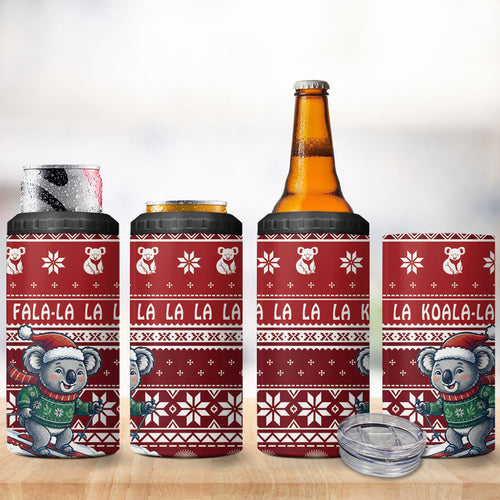 Australia Christmas In July 4 in 1 Can Cooler Tumbler Koala Santa Skiing Red Color