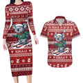 Australia Christmas In July Couples Matching Long Sleeve Bodycon Dress and Hawaiian Shirt Koala Santa Skiing Red Color