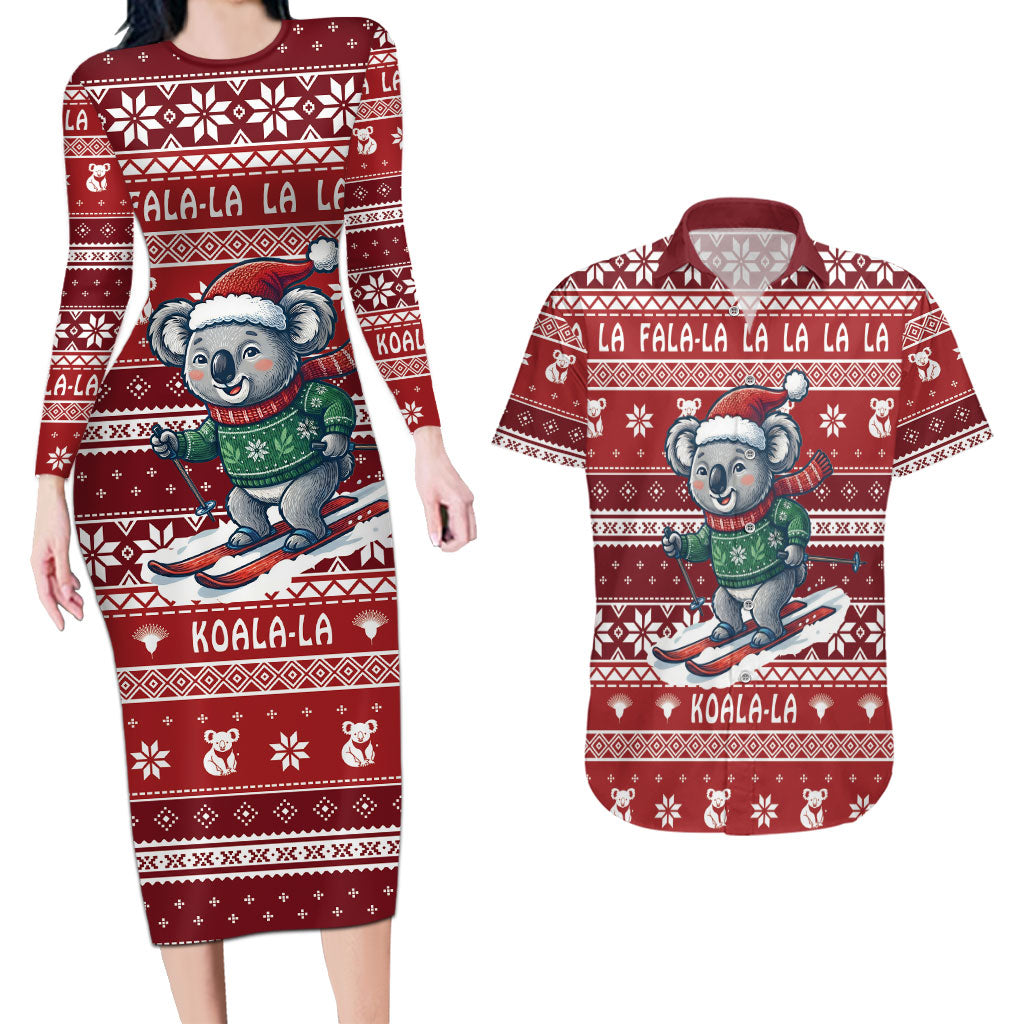 Australia Christmas In July Couples Matching Long Sleeve Bodycon Dress and Hawaiian Shirt Koala Santa Skiing Red Color