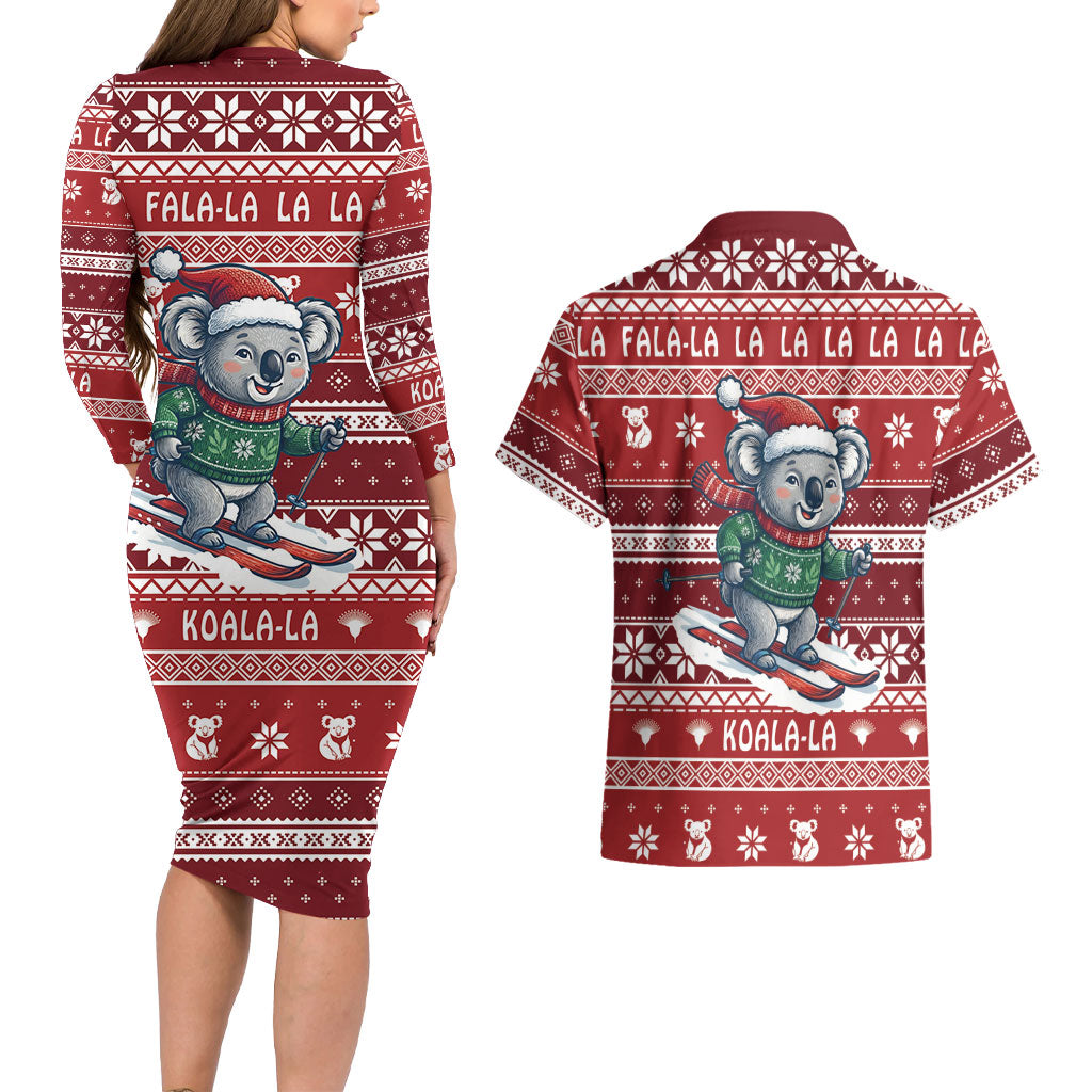 Australia Christmas In July Couples Matching Long Sleeve Bodycon Dress and Hawaiian Shirt Koala Santa Skiing Red Color