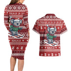 Australia Christmas In July Couples Matching Long Sleeve Bodycon Dress and Hawaiian Shirt Koala Santa Skiing Red Color