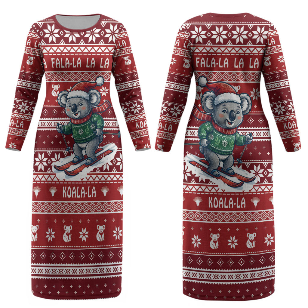 Australia Christmas In July Couples Matching Long Sleeve Bodycon Dress and Hawaiian Shirt Koala Santa Skiing Red Color LT22