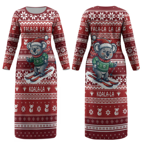 Australia Christmas In July Couples Matching Long Sleeve Bodycon Dress and Hawaiian Shirt Koala Santa Skiing Red Color LT22