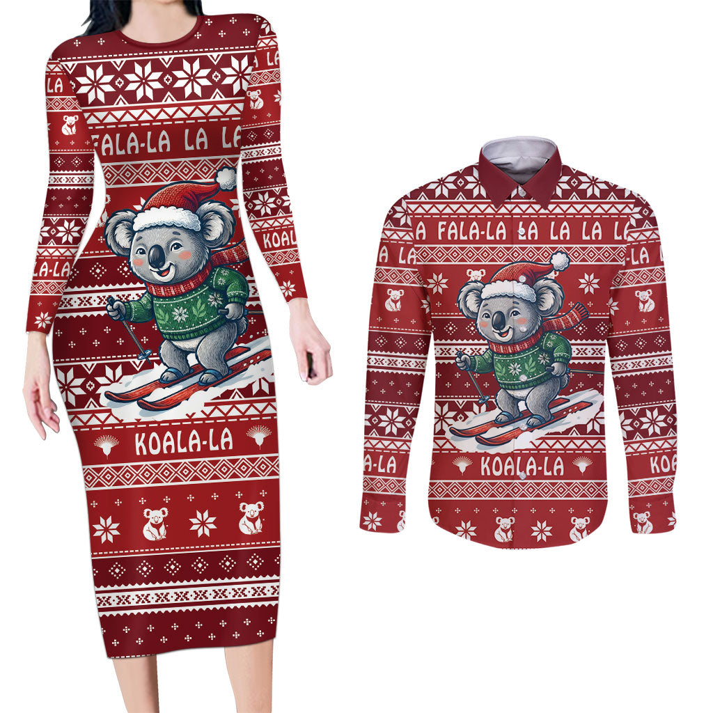 Australia Christmas In July Couples Matching Long Sleeve Bodycon Dress and Long Sleeve Button Shirt Koala Santa Skiing Red Color