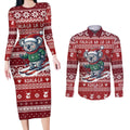 Australia Christmas In July Couples Matching Long Sleeve Bodycon Dress and Long Sleeve Button Shirt Koala Santa Skiing Red Color