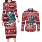 Australia Christmas In July Couples Matching Long Sleeve Bodycon Dress and Long Sleeve Button Shirt Koala Santa Skiing Red Color