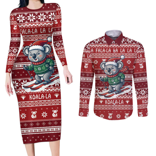 Australia Christmas In July Couples Matching Long Sleeve Bodycon Dress and Long Sleeve Button Shirt Koala Santa Skiing Red Color
