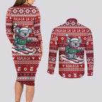 Australia Christmas In July Couples Matching Long Sleeve Bodycon Dress and Long Sleeve Button Shirt Koala Santa Skiing Red Color