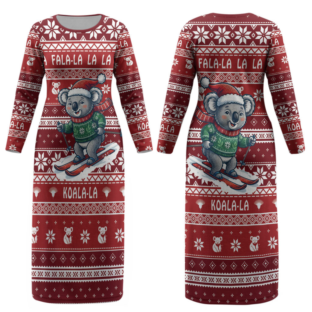 Australia Christmas In July Couples Matching Long Sleeve Bodycon Dress and Long Sleeve Button Shirt Koala Santa Skiing Red Color LT22
