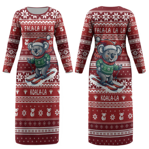 Australia Christmas In July Couples Matching Long Sleeve Bodycon Dress and Long Sleeve Button Shirt Koala Santa Skiing Red Color LT22
