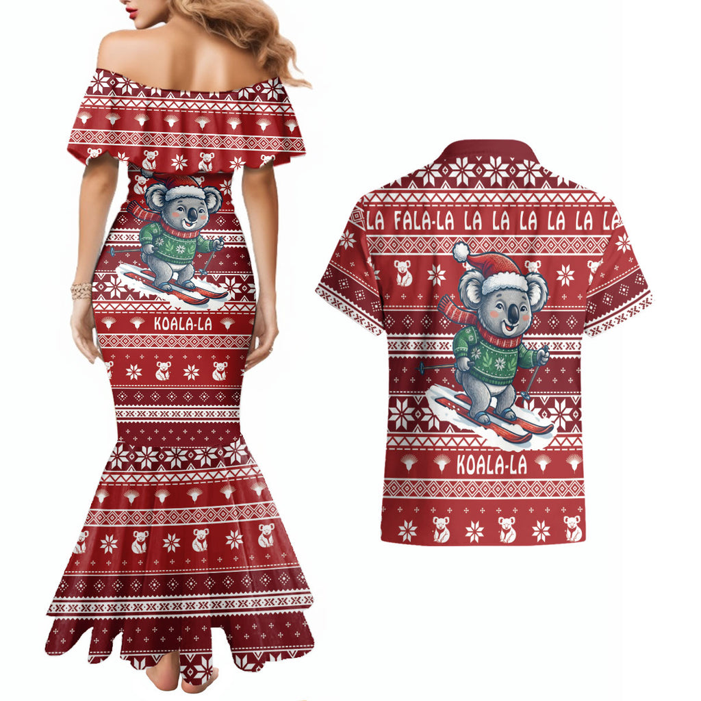 Australia Christmas In July Couples Matching Mermaid Dress and Hawaiian Shirt Koala Santa Skiing Red Color