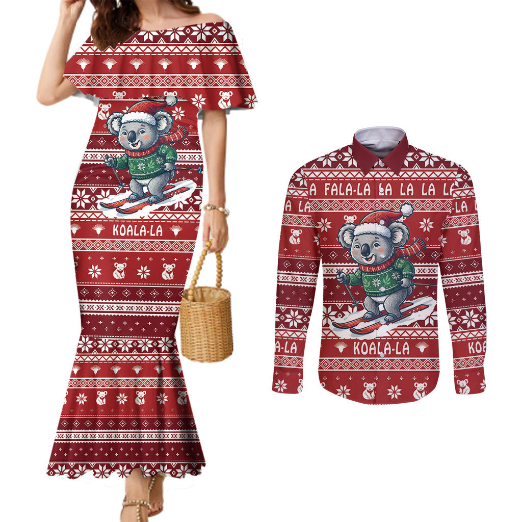Australia Christmas In July Couples Matching Mermaid Dress and Long Sleeve Button Shirt Koala Santa Skiing Red Color