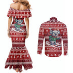 Australia Christmas In July Couples Matching Mermaid Dress and Long Sleeve Button Shirt Koala Santa Skiing Red Color