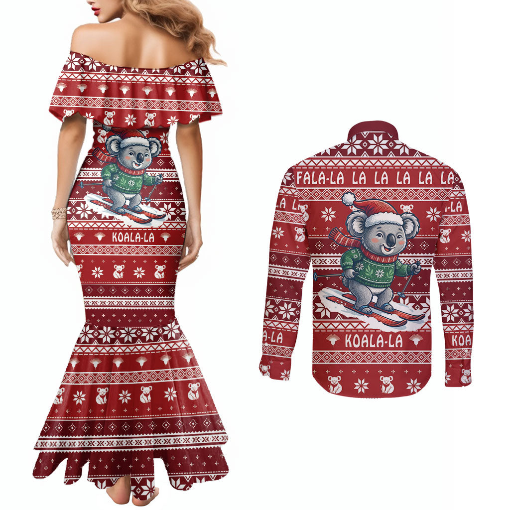 Australia Christmas In July Couples Matching Mermaid Dress and Long Sleeve Button Shirt Koala Santa Skiing Red Color