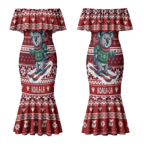 Australia Christmas In July Couples Matching Mermaid Dress and Long Sleeve Button Shirt Koala Santa Skiing Red Color LT22