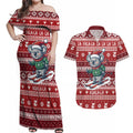 Australia Christmas In July Couples Matching Off Shoulder Maxi Dress and Hawaiian Shirt Koala Santa Skiing Red Color