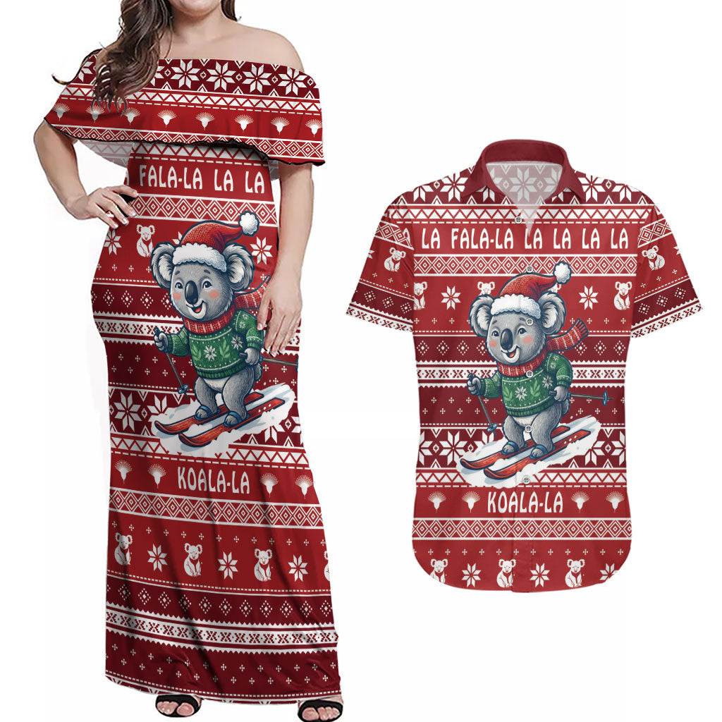 Australia Christmas In July Couples Matching Off Shoulder Maxi Dress and Hawaiian Shirt Koala Santa Skiing Red Color