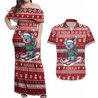 Australia Christmas In July Couples Matching Off Shoulder Maxi Dress and Hawaiian Shirt Koala Santa Skiing Red Color