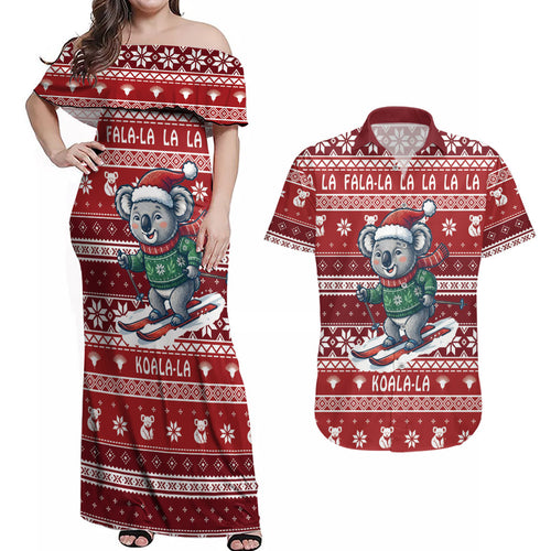 Australia Christmas In July Couples Matching Off Shoulder Maxi Dress and Hawaiian Shirt Koala Santa Skiing Red Color