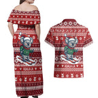 Australia Christmas In July Couples Matching Off Shoulder Maxi Dress and Hawaiian Shirt Koala Santa Skiing Red Color