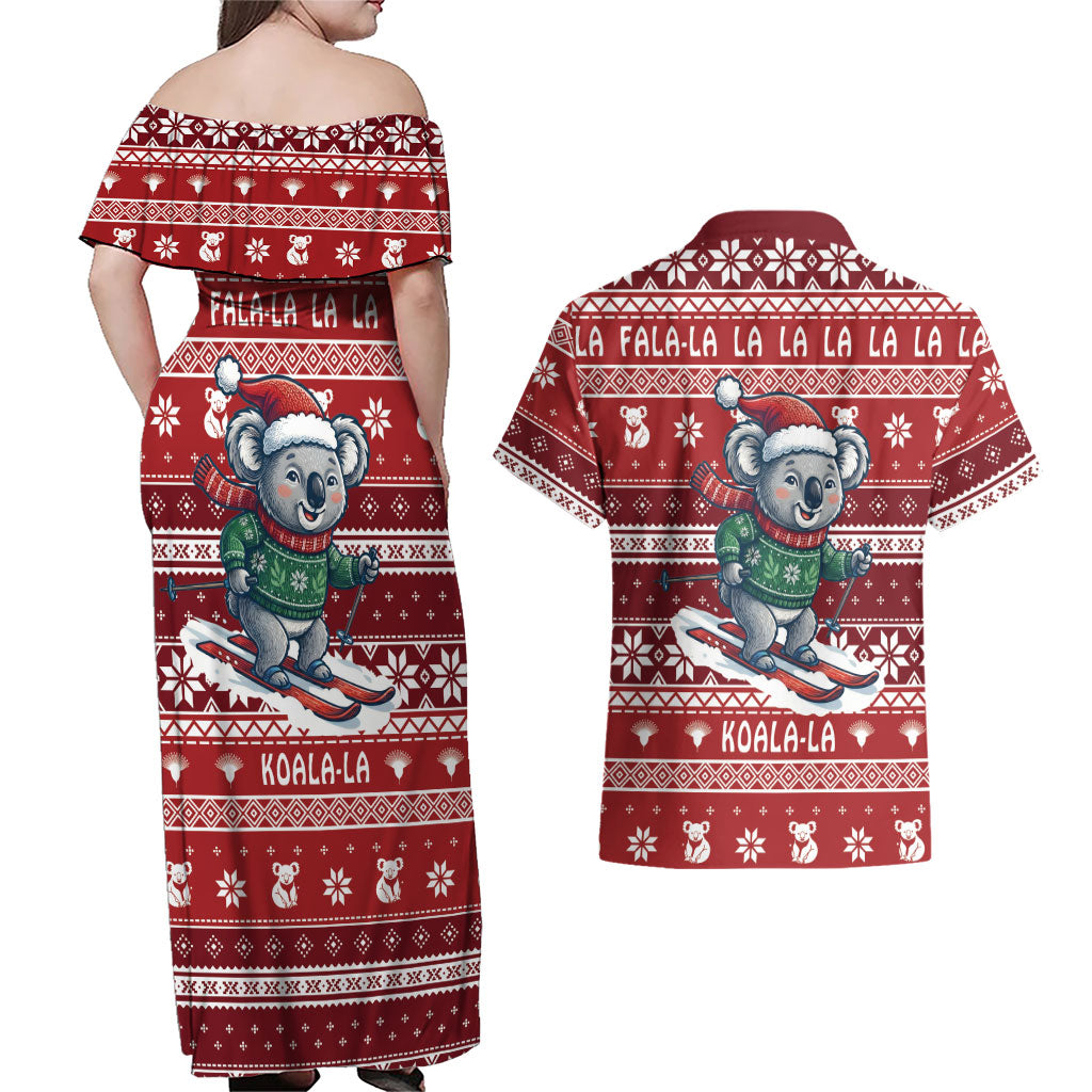 Australia Christmas In July Couples Matching Off Shoulder Maxi Dress and Hawaiian Shirt Koala Santa Skiing Red Color