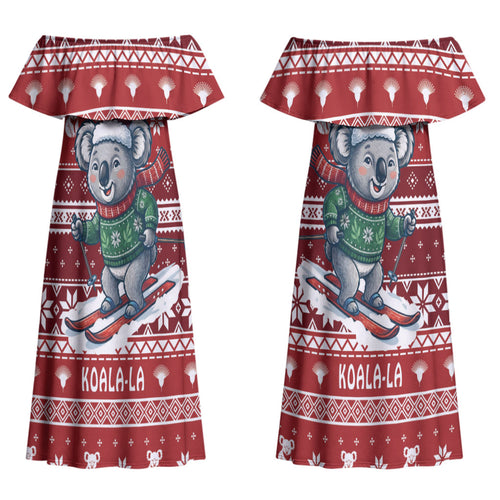 Australia Christmas In July Couples Matching Off Shoulder Maxi Dress and Hawaiian Shirt Koala Santa Skiing Red Color LT22