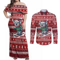 Australia Christmas In July Couples Matching Off Shoulder Maxi Dress and Long Sleeve Button Shirt Koala Santa Skiing Red Color