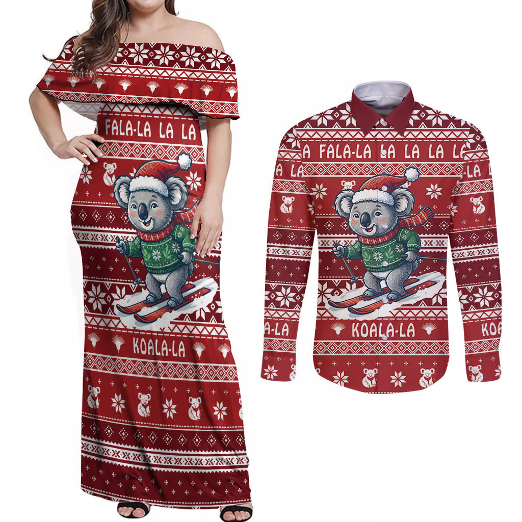 Australia Christmas In July Couples Matching Off Shoulder Maxi Dress and Long Sleeve Button Shirt Koala Santa Skiing Red Color