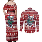 Australia Christmas In July Couples Matching Off Shoulder Maxi Dress and Long Sleeve Button Shirt Koala Santa Skiing Red Color