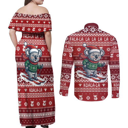 Australia Christmas In July Couples Matching Off Shoulder Maxi Dress and Long Sleeve Button Shirt Koala Santa Skiing Red Color