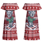 Australia Christmas In July Couples Matching Off Shoulder Maxi Dress and Long Sleeve Button Shirt Koala Santa Skiing Red Color LT22
