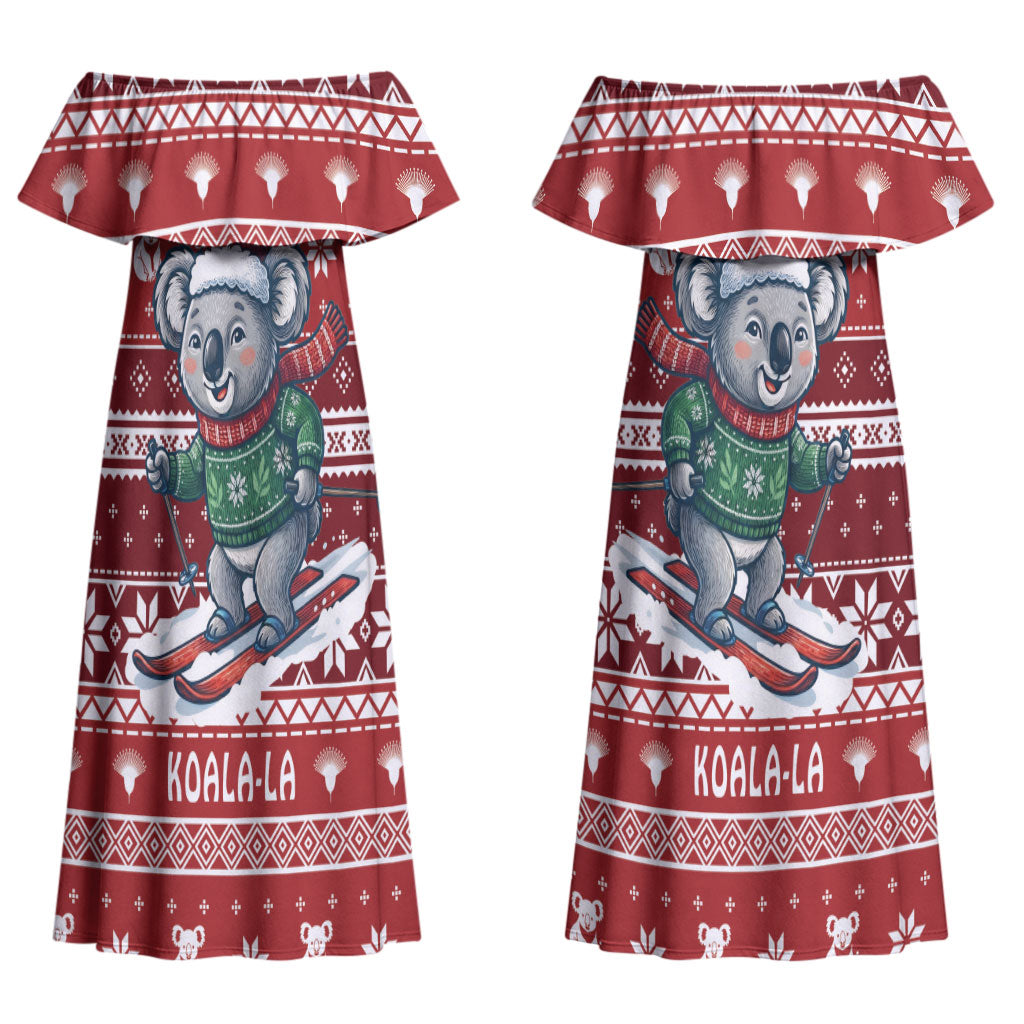 Australia Christmas In July Couples Matching Off Shoulder Maxi Dress and Long Sleeve Button Shirt Koala Santa Skiing Red Color LT22