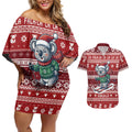 Australia Christmas In July Couples Matching Off Shoulder Short Dress and Hawaiian Shirt Koala Santa Skiing Red Color