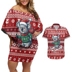Australia Christmas In July Couples Matching Off Shoulder Short Dress and Hawaiian Shirt Koala Santa Skiing Red Color